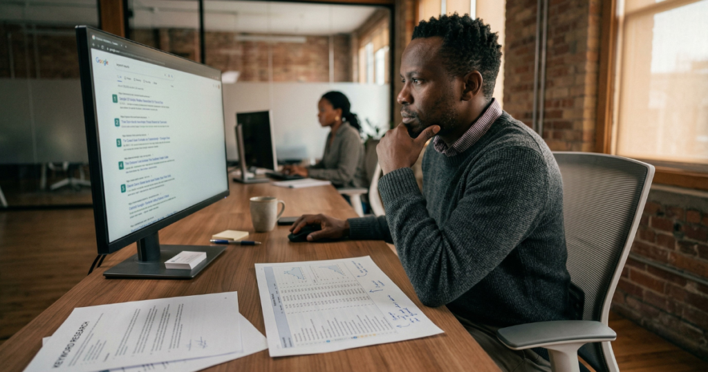 SEO strategy for business — business owner reviewing organic search results and keyword performance in Nairobi office