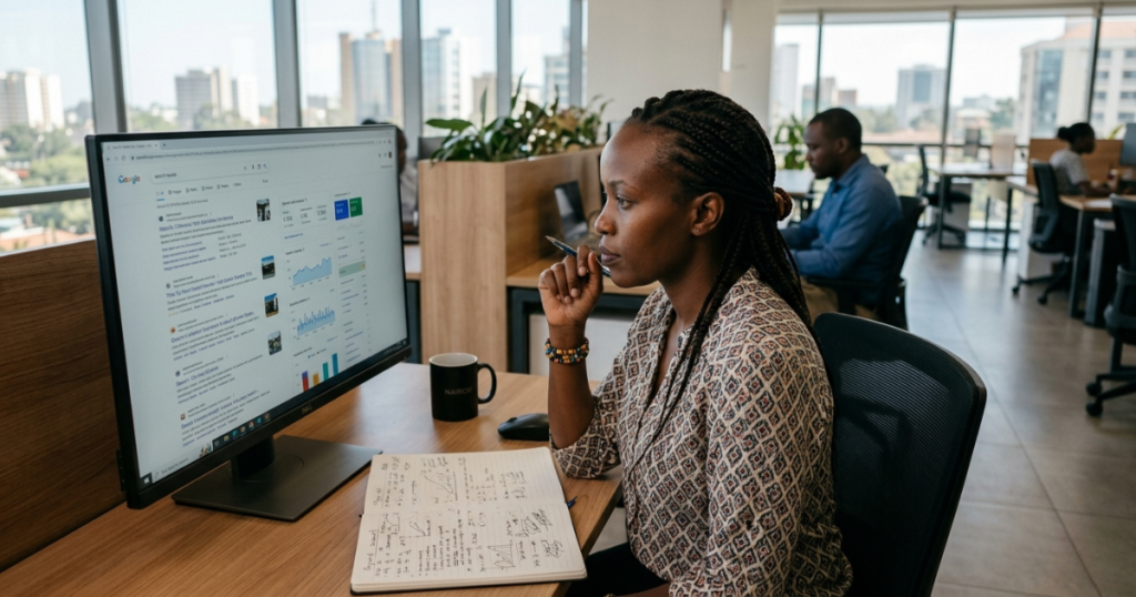 Is SEO dead - marketing analyst reviewing organic search performance data in Nairobi office