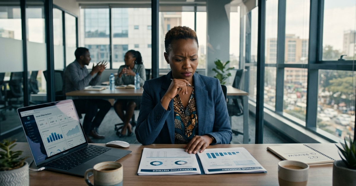 Marketing metrics that matter — marketing manager comparing campaign metrics with revenue data in Nairobi office