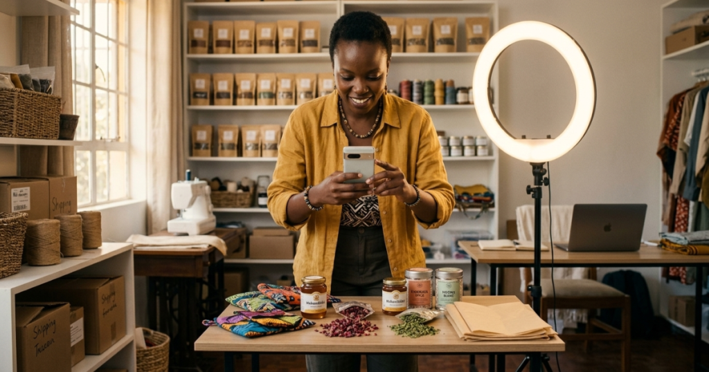 Sell on WhatsApp business Kenya — small business owner creating product content for WhatsApp and Instagram sales