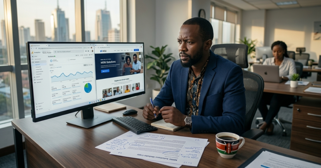 Why website is not converting — business owner comparing website traffic and conversion data in Nairobi office