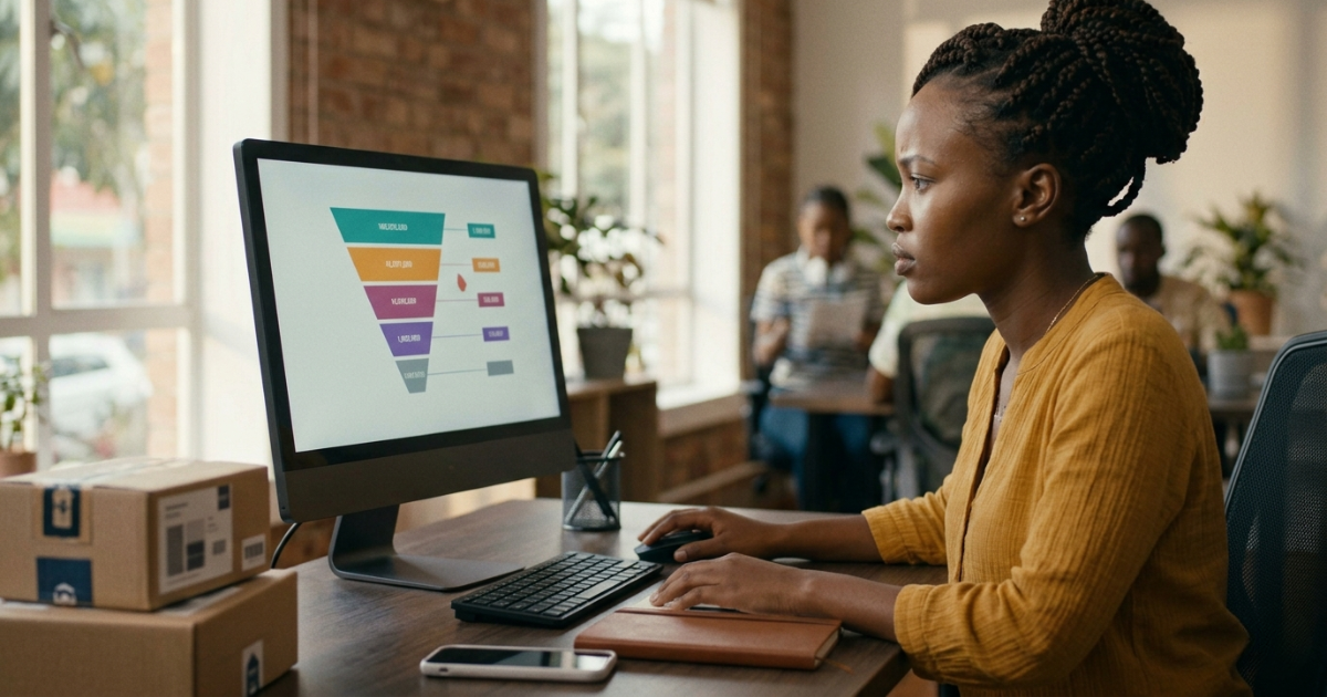 Ecommerce conversion funnel — e-commerce owner analysing funnel drop-off data to find revenue leaks in Nairobi workspace