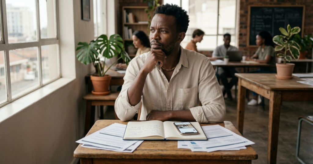 Marketing mistakes entrepreneurs make — early-stage founder re-examining business assumptions at desk in Nairobi workspace