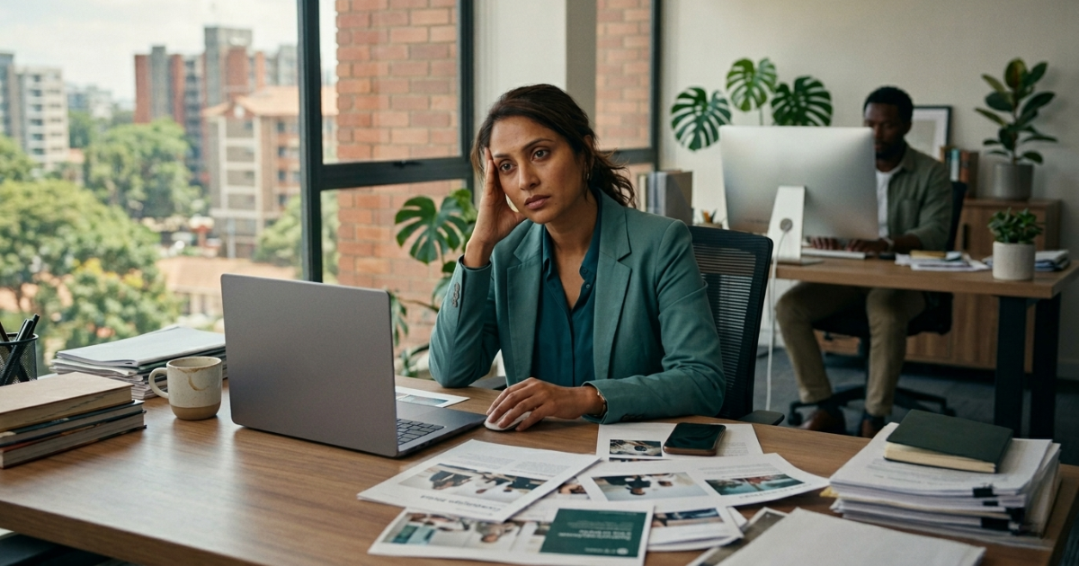 Marketing strategy mistakes — marketing professional surrounded by trend-driven activity without strategic direction, Nairobi office