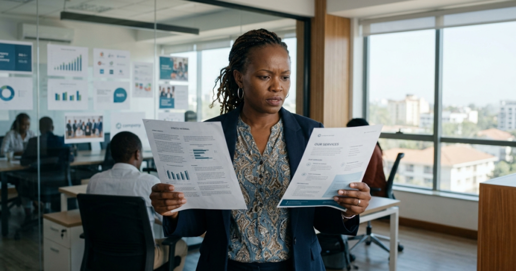 Marketing vs communications — leader noticing messaging gap between internal and external materials in Nairobi office