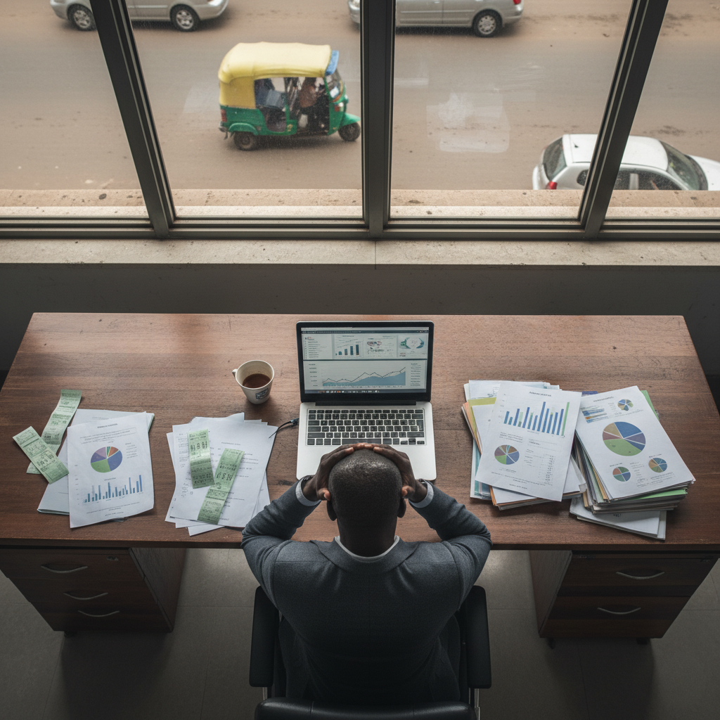 Stressed business owner reading marketing audit - Qallann Marketing