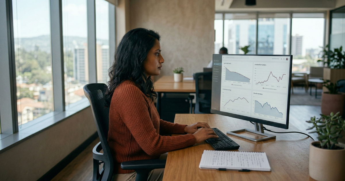 Email marketing retention — marketing manager analysing declining email list metrics in Nairobi office