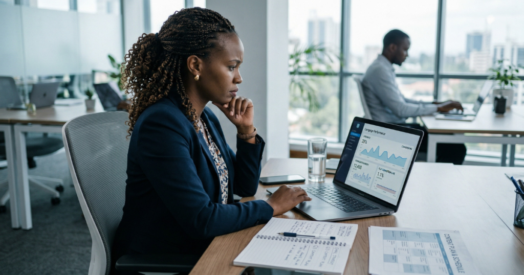 Lead generation not working - marketing manager analysing lead magnet performance with low conversion in Nairobi office