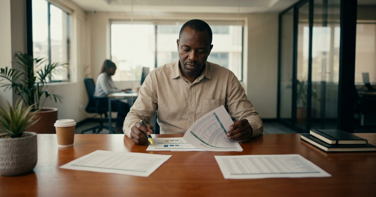 Marketing budget strategy — business leader examining marketing spend before making cuts in Nairobi boardroom