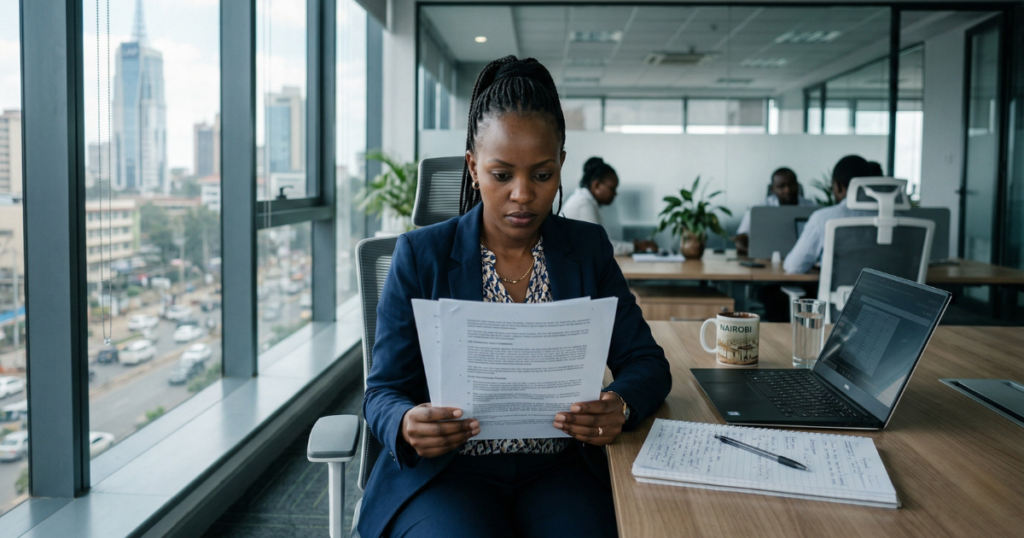 Marketing legal compliance Kenya — marketer reviewing legal framework for campaigns and content in Nairobi office