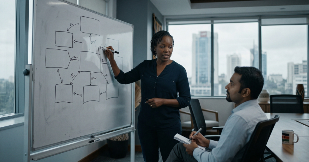 Marketing mix strategy - marketing strategist explaining 7Ps framework in Nairobi meeting room