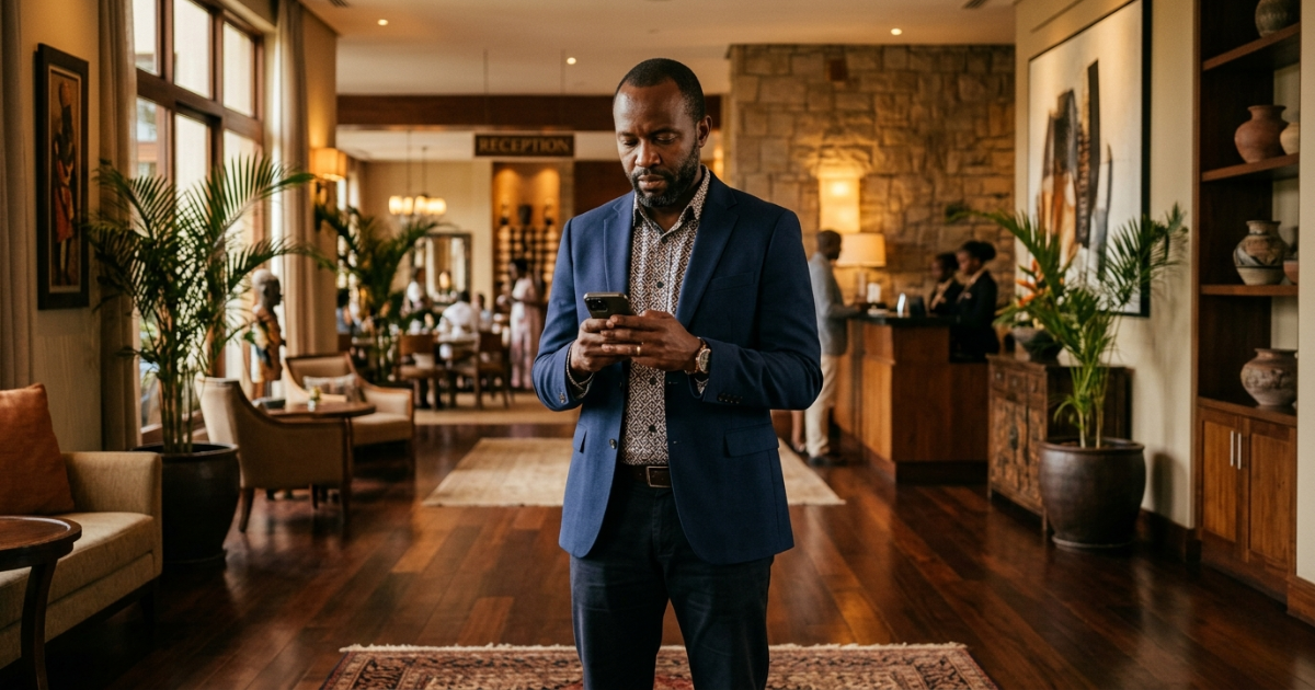 Marketing strategy hospitality - hotel or restaurant owner reviewing digital presence against quality of actual experience Kenya