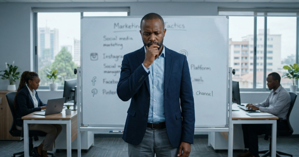 Marketing strategy mistakes - business leader reviewing list of marketing tactics without strategic direction in Nairobi office