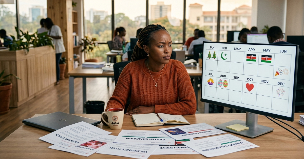 Marketing strategy mistakes — marketing manager reviewing seasonal content calendar without consistent strategic thread Nairobi