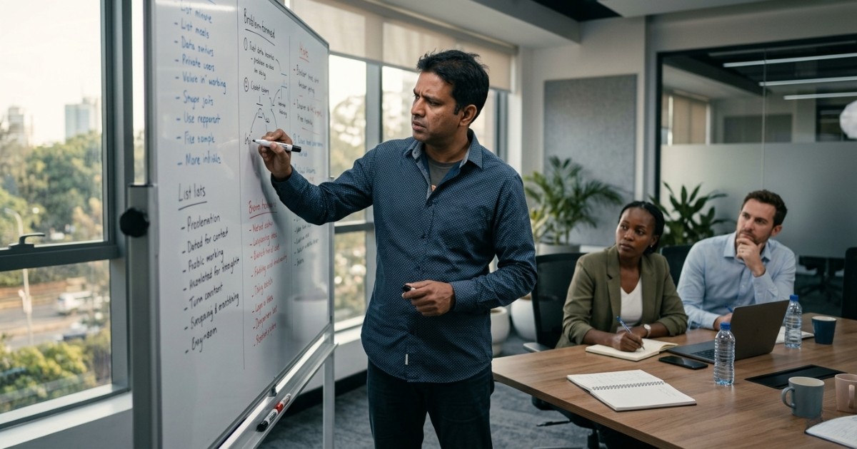 Marketing strategy — team working through buyer decision mapping in Nairobi meeting room