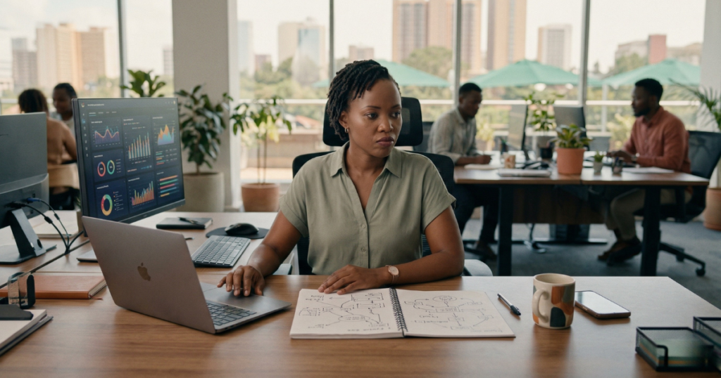 Personalised marketing strategy - marketing analyst reviewing customer data and considering ethical use in Nairobi office