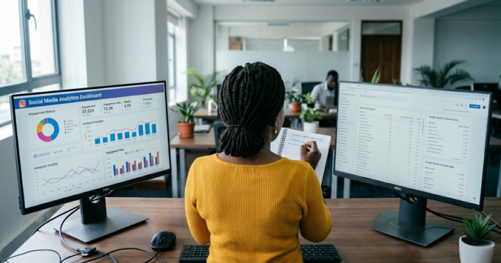 Search listening strategy — marketing analyst comparing social and search data to identify positioning gap in Nairobi office