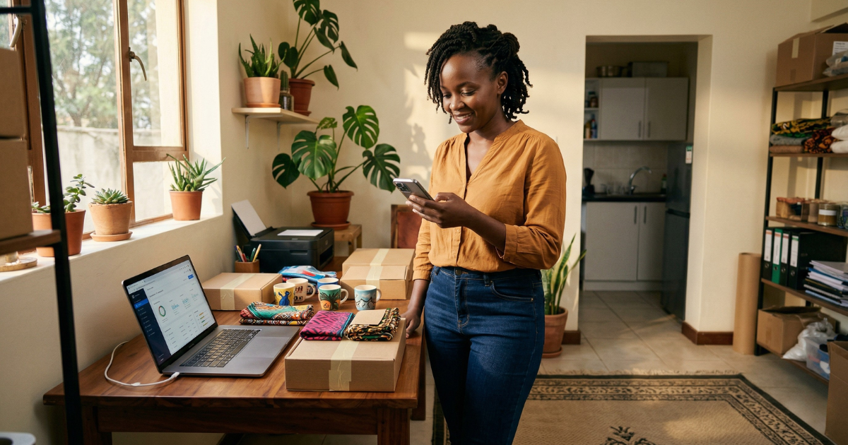 Small business automation Kenya - small business owner confirming automated systems are running in Nairobi workspace