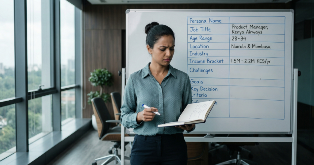 Target audience marketing - marketing manager reviewing buyer persona template that describes demographics but not decisions Nairobi