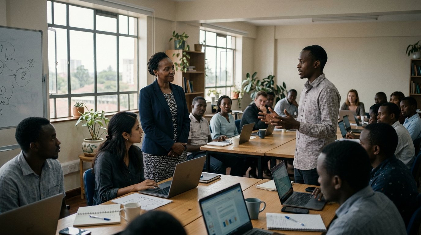 Business accelerator marketing support - a programme manager listens to a founder during a cohort session in Nairobi