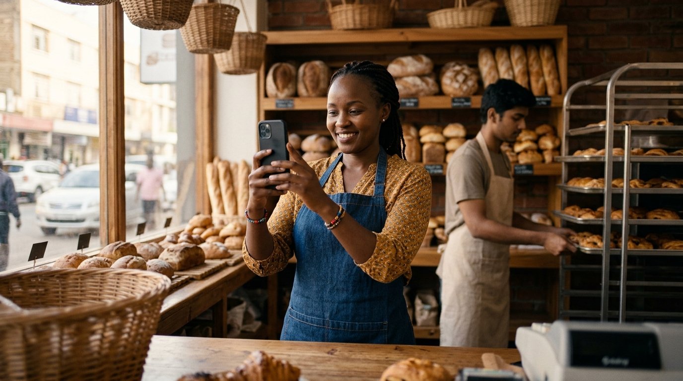 Google Business Profile - a Nairobi bakery owner records a verification video of her shop