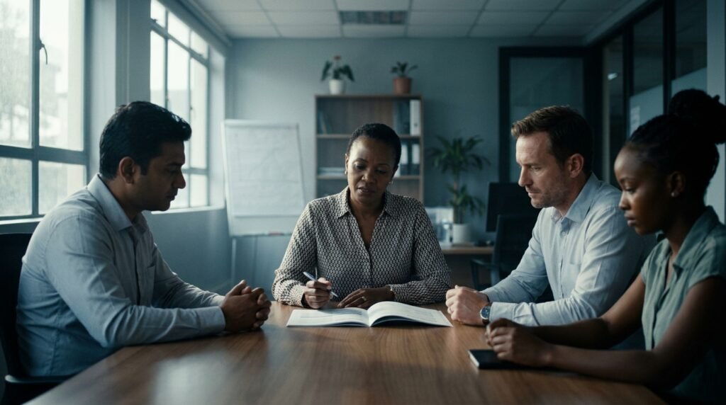 Marketing metrics that matter: a Nairobi marketing team sitting silent over a printed monthly report