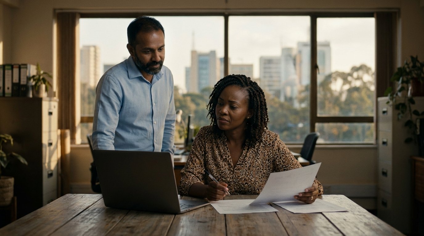 Website cost in Kenya: a Nairobi business owner compares two website quotes at her desk